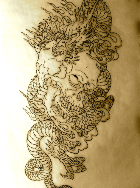Dragon Skull rib tattoo drawing 
